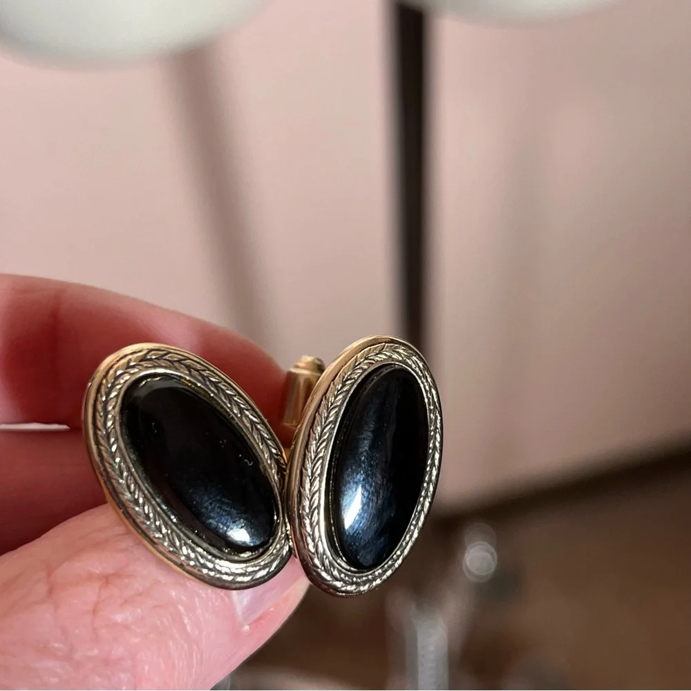 Vintage 60 70 Shield Victorian Oversized black onyx Brass Gold Cufflinks
